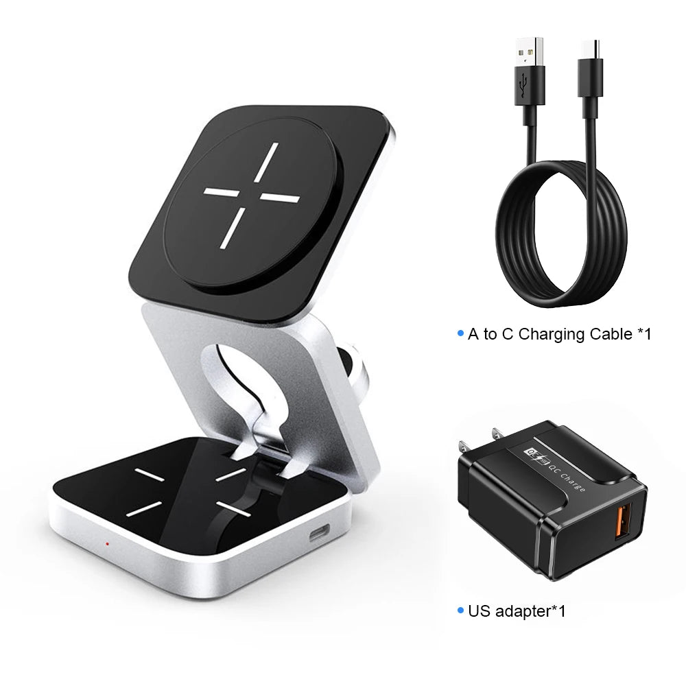 3-in-1 Wireless Charger Magnetic Folding Stand with US plug - sky-case