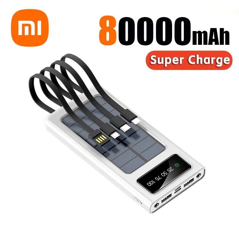 Xiaomi Solar Power Bank 200000mAh Built-in Cables Solar Charger 2 External USB Ports with LED Light Ultra Fast Charger Powerbank White 80000mAh - sky-case