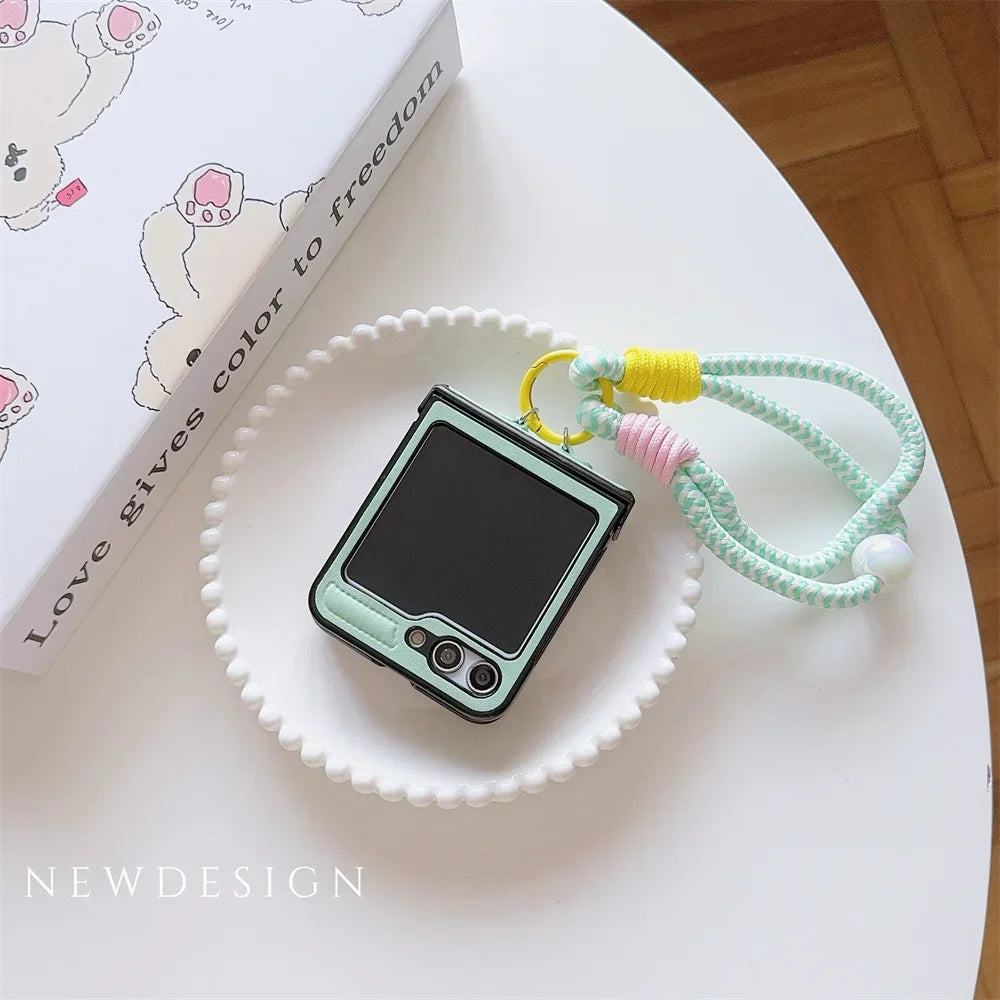 Hard PU Leather Hinge Protective Case Cover with Wrist Strap for Samsung Galaxy Z Flip 7 6 5 4 3 5G - sky-case