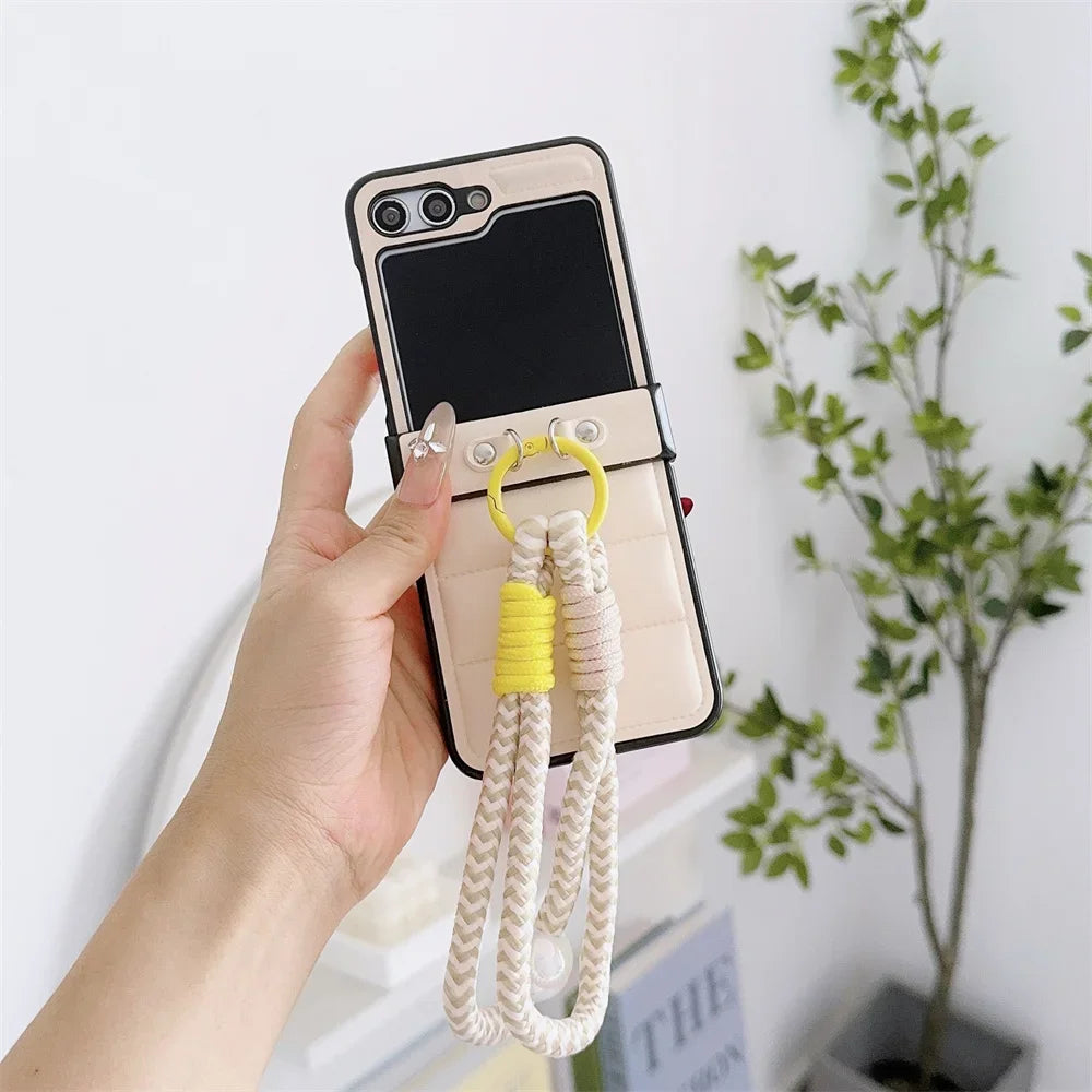 Hard PU Leather Hinge Protective Case Cover with Wrist Strap for Samsung Galaxy Z Flip 7 6 5 4 3 5G - sky-case