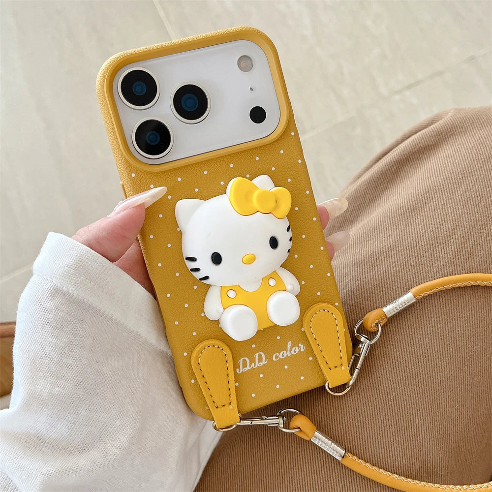 3D Hello Kitty Autumn Wine Red Lanyard Case For All iPhone