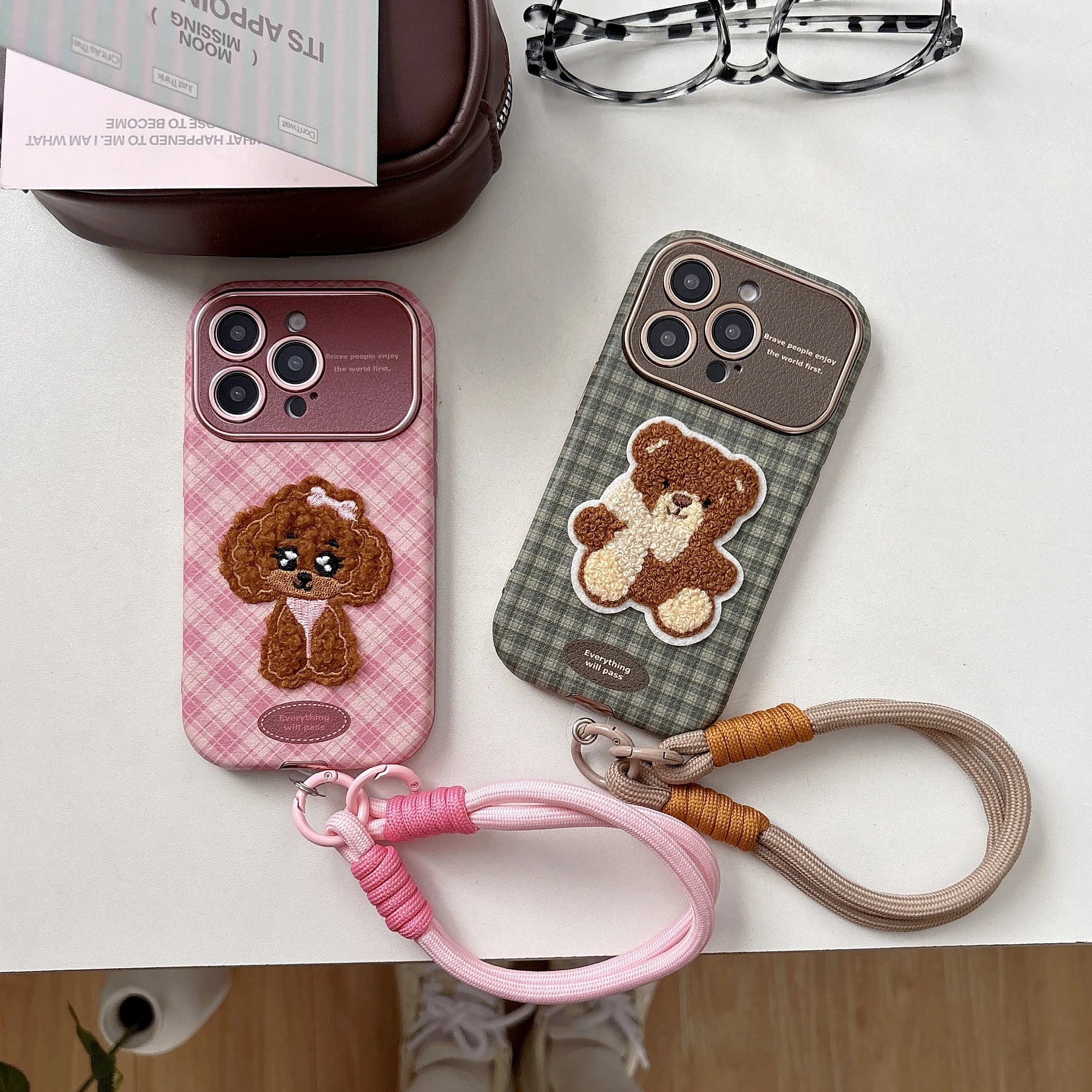 Checkered Embroidery Small Dog & Bear Case - sky-case