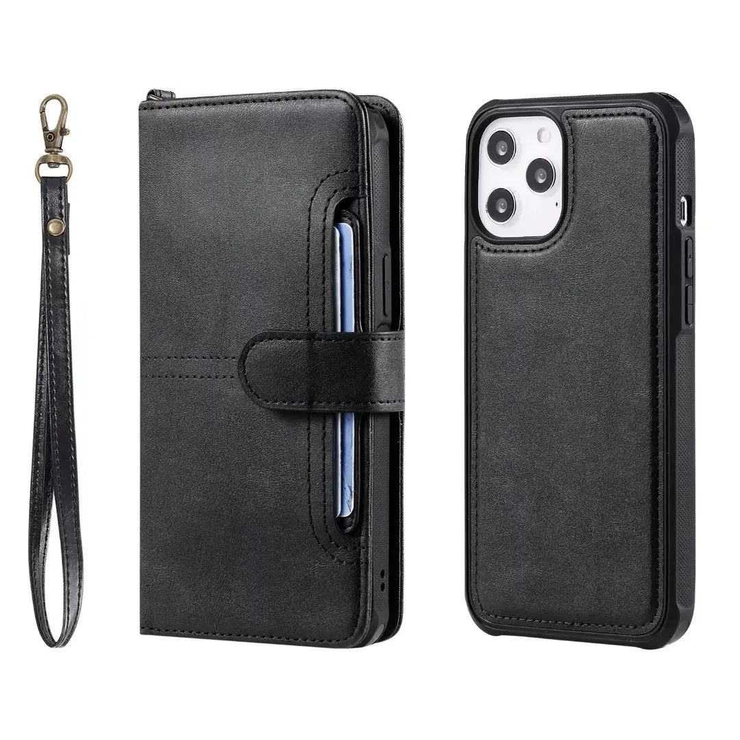 Luxury Magnetic card holder leather wallet case cover for iPhone 14 13 12 11 Black / iPhone 14 Pro Max - sky-case