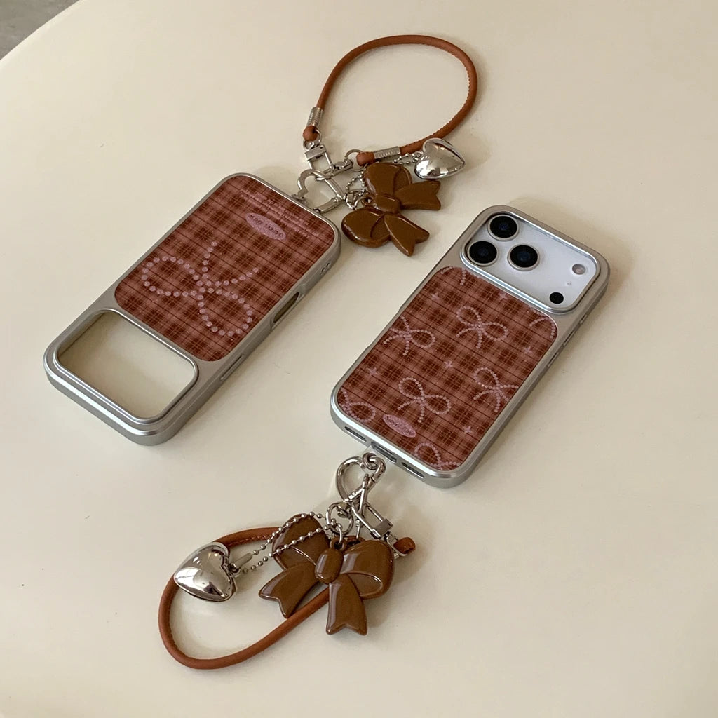 Brown Grid Glitter Bowknot Lanyard Case - sky-case