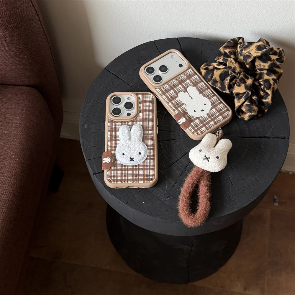 Brown Plaid Bunny Plush Charm Case - sky-case