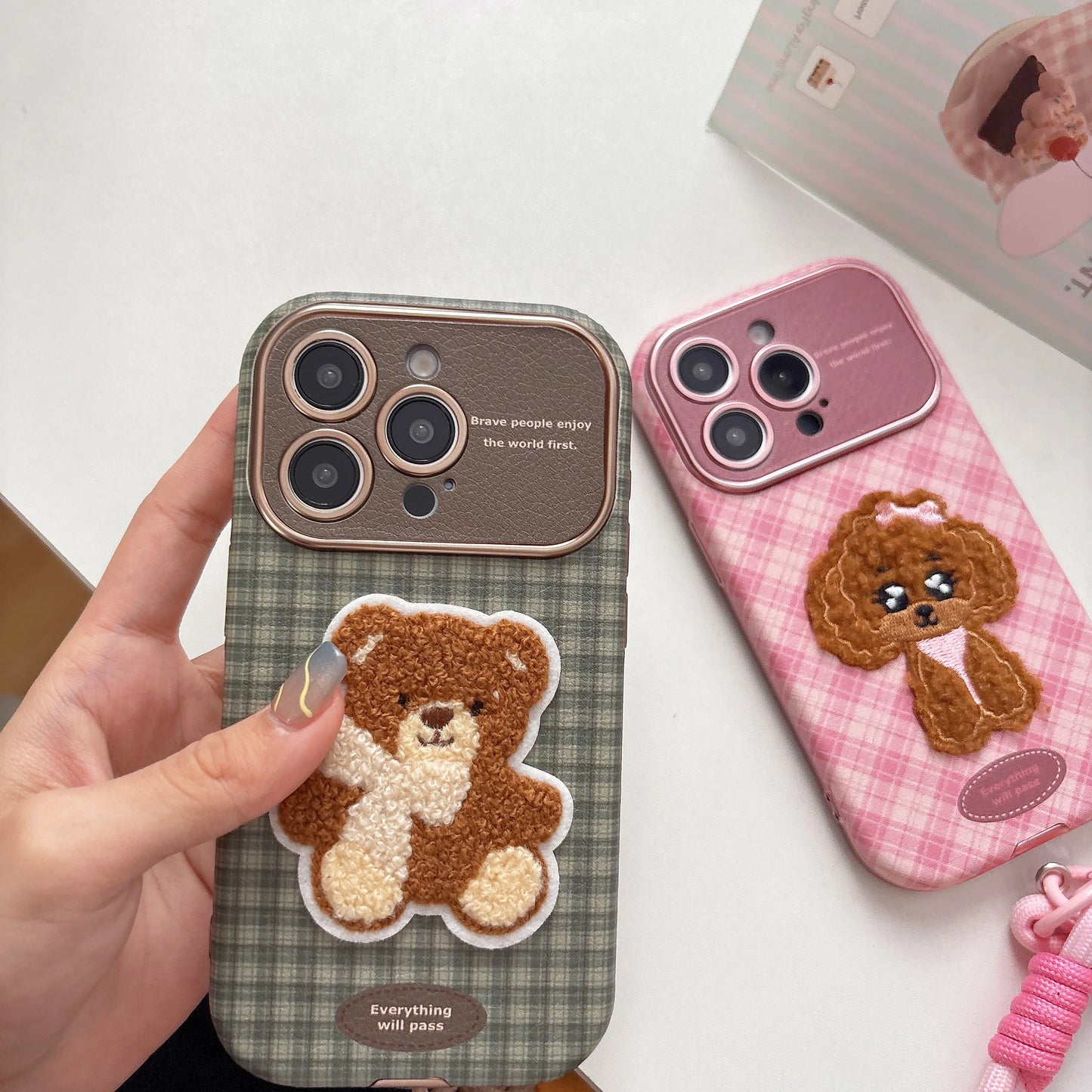 Checkered Embroidery Small Dog & Bear Case - sky-case