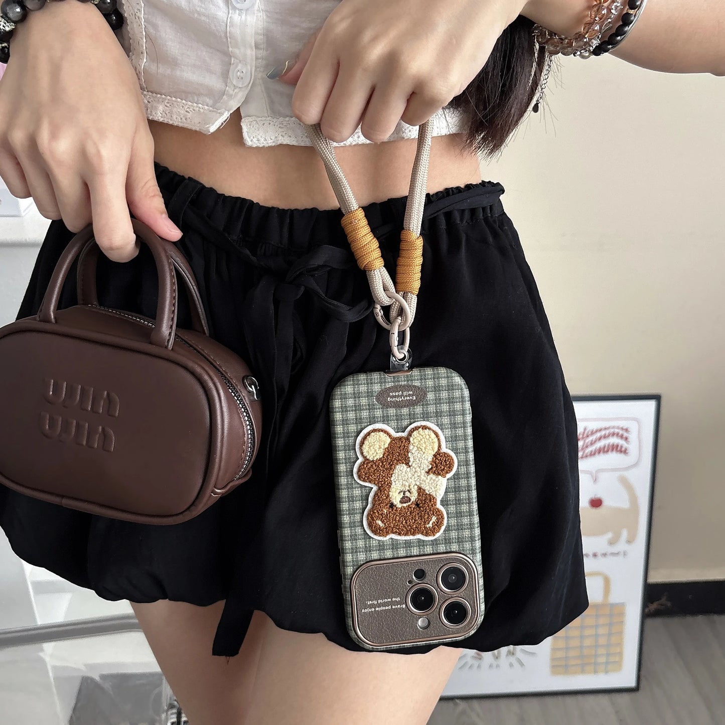 Checkered Embroidery Small Dog & Bear Case - sky-case