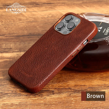 Magsafe genuine leather back cover - magnetic wireless charging - full protection brown / For iPhone 13 - sky-case