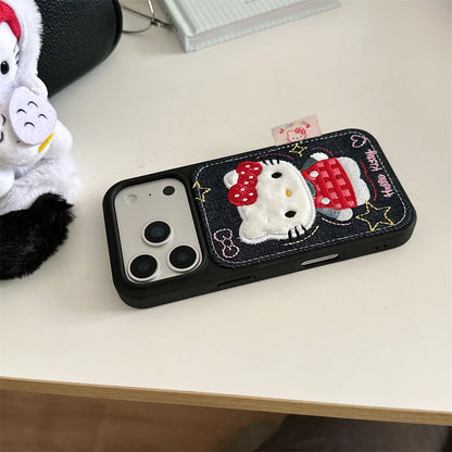 Korean Denim Embroidered HelloKitty Kawaii Case - sky-case