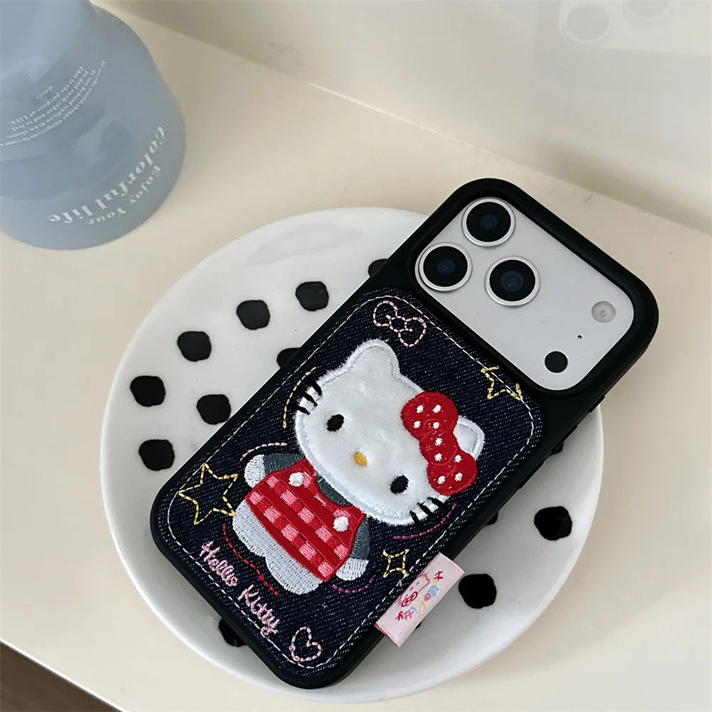 Korean Denim Embroidered HelloKitty Kawaii Case - sky-case
