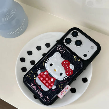 Korean Denim Embroidered HelloKitty Kawaii Case - sky-case