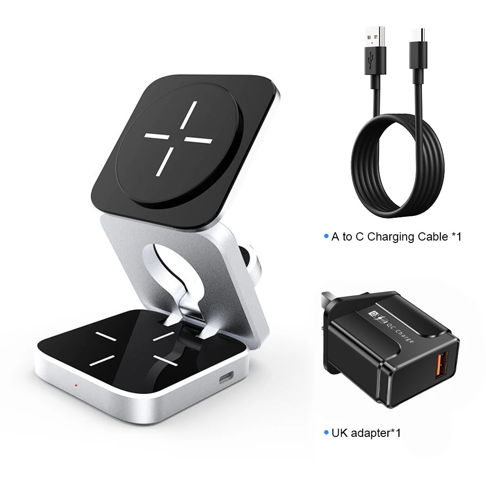 3-in-1 Wireless Charger Magnetic Folding Stand with UK plug - sky-case