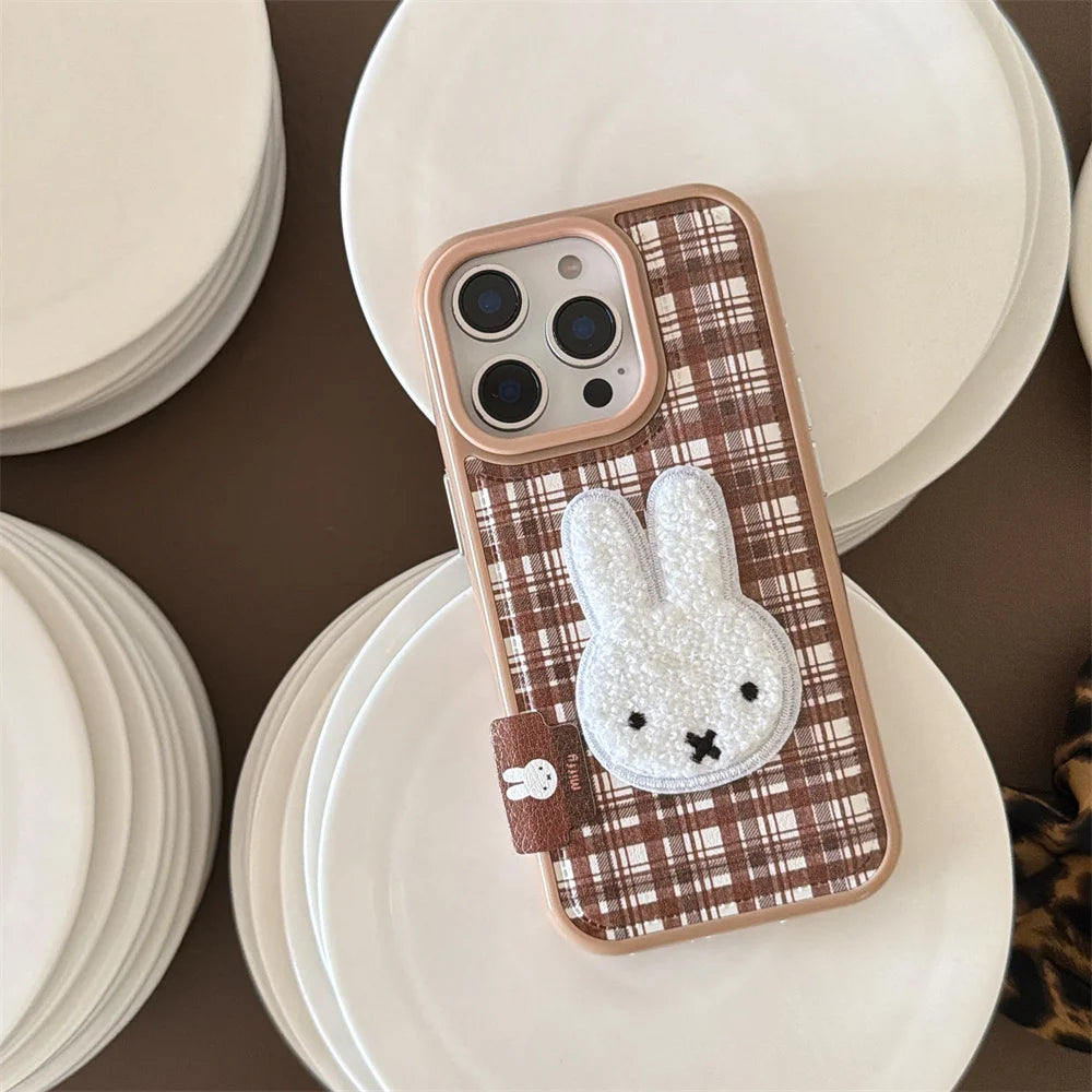Brown Plaid Bunny Plush Charm Case - sky-case