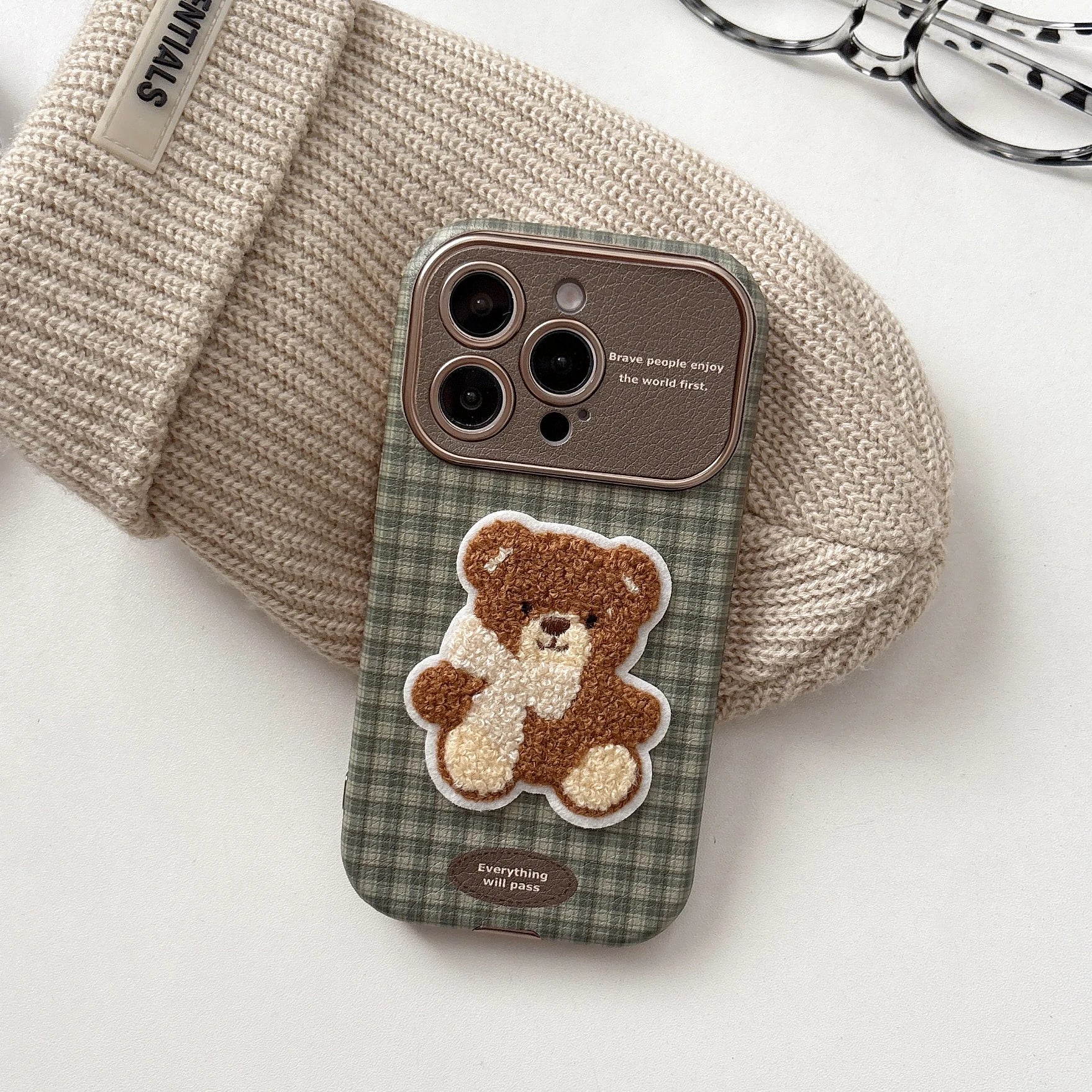 Checkered Embroidery Small Dog & Bear Case - sky-case