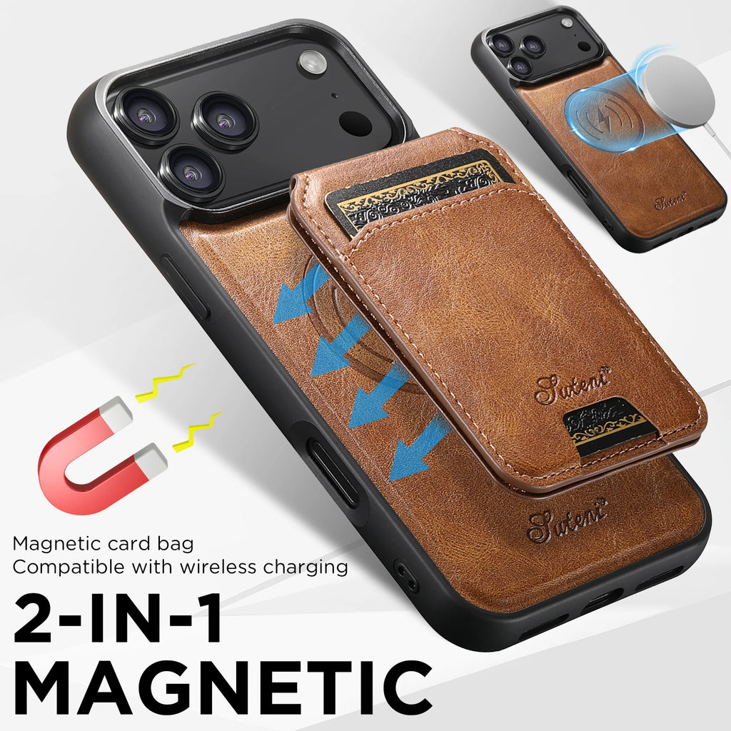 Premium Leather Card Holder Case for iPhone 17 Pro Max Brown magnetic card holder