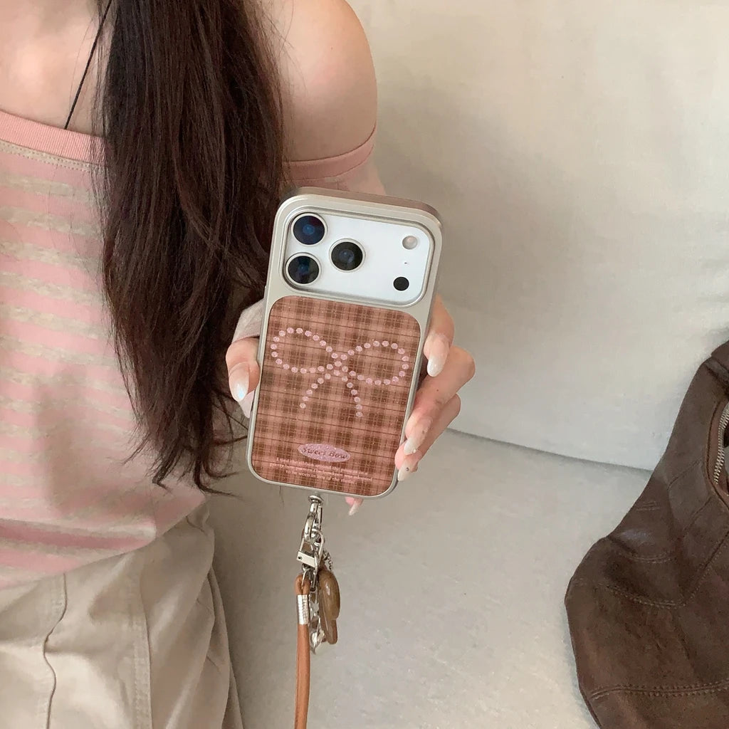 Brown Grid Glitter Bowknot Lanyard Case - sky-case