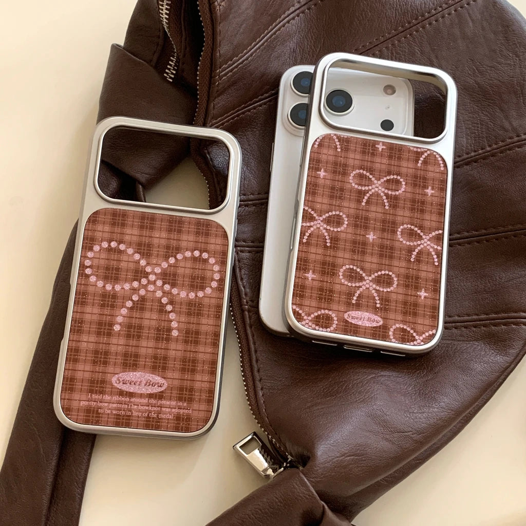 Brown Grid Glitter Bowknot Lanyard Case - sky-case