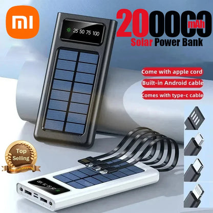 Xiaomi Solar Power Bank 200000mAh Built-in Cables Solar Charger 2 External USB Ports with LED Light Ultra Fast Charger Powerbank