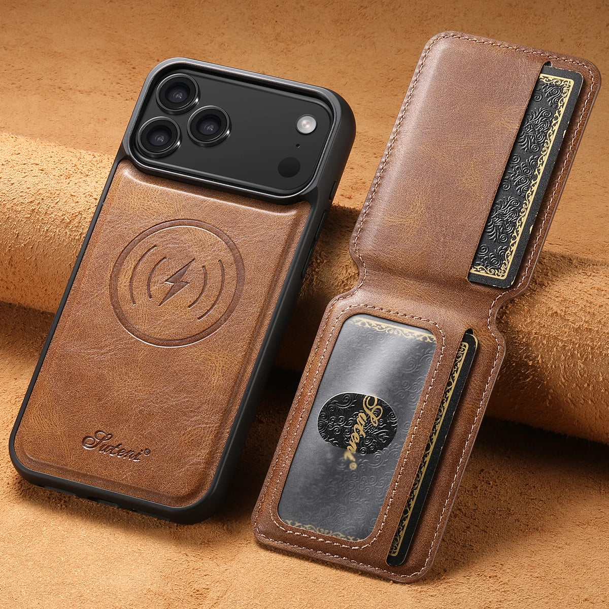 Premium Leather Card Holder Case for iPhone 17 series   Brown leather phone case with card holder 