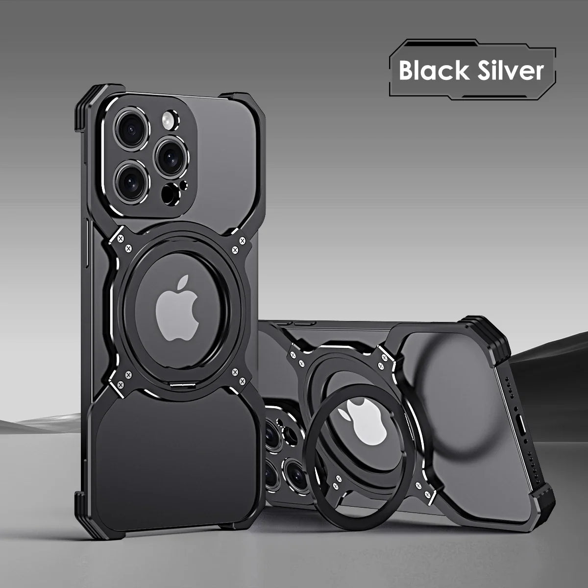 Luxury Metal case Full Alloy 360° Bracket Magnetic Magsafe Bracket Cover Black Silver / Case & Holder / For iPhone 15 - sky-case