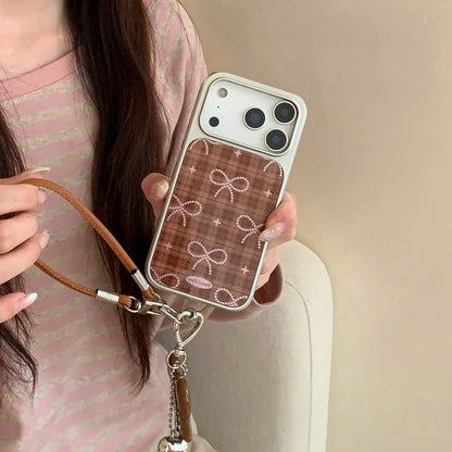 Brown Grid Glitter Bowknot Lanyard Case - sky-case
