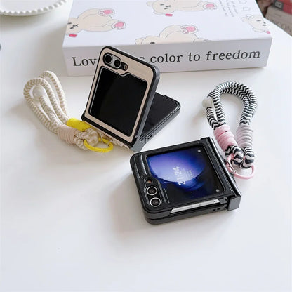 Hard PU Leather Hinge Protective Case Cover with Wrist Strap for Samsung Galaxy Z Flip 7 6 5 4 3 5G - sky-case