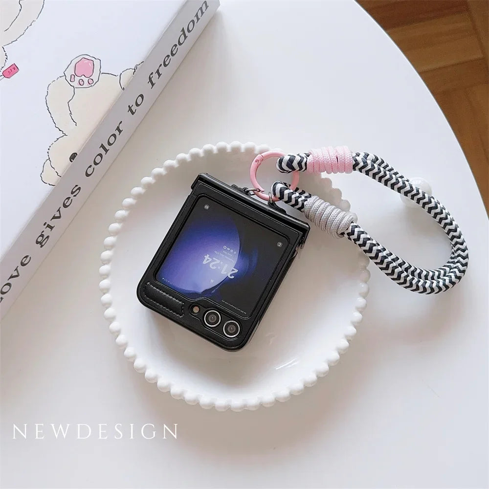 Hard PU Leather Hinge Protective Case Cover with Wrist Strap for Samsung Galaxy Z Flip 7 6 5 4 3 5G - sky-case