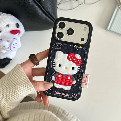 Korean Denim Embroidered HelloKitty Kawaii Case - sky-case