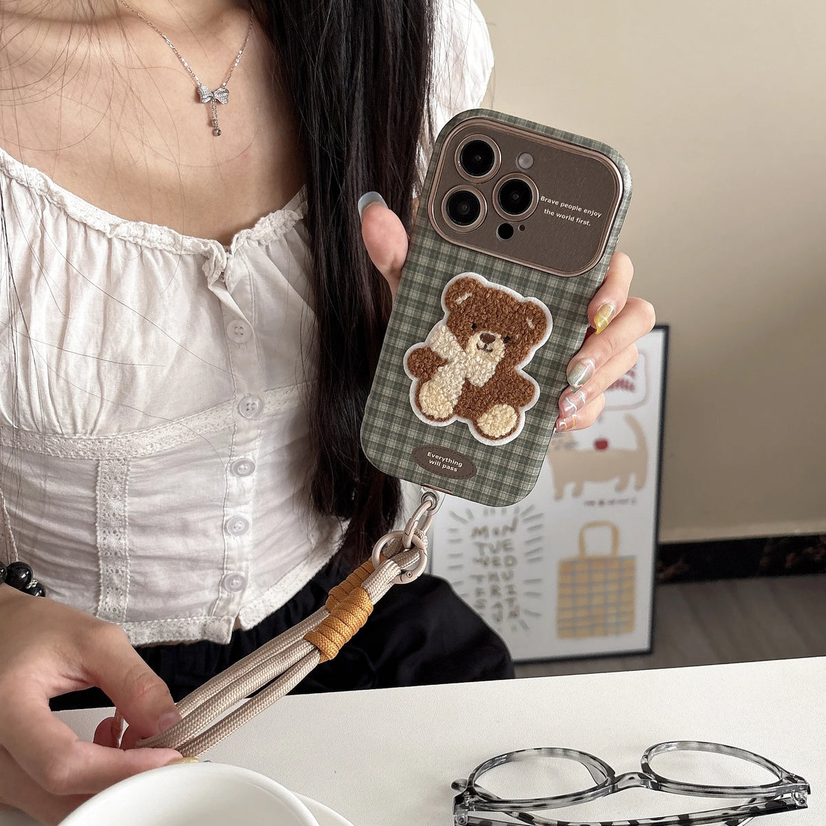 Checkered Embroidery Small Dog & Bear Case - sky-case