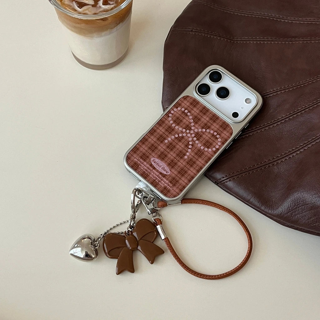 Brown Grid Glitter Bowknot Lanyard Case - sky-case