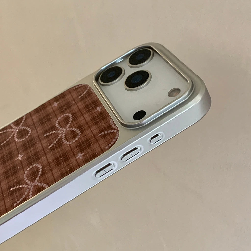 Brown Grid Glitter Bowknot Lanyard Case - sky-case