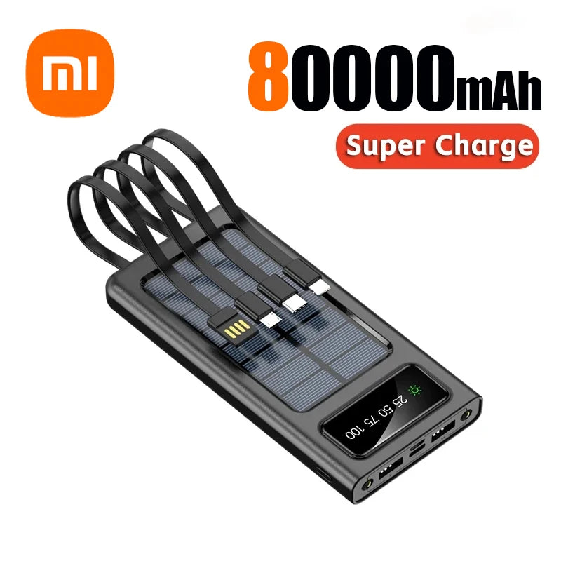 Xiaomi Solar Power Bank 200000mAh Built-in Cables Solar Charger 2 External USB Ports with LED Light Ultra Fast Charger Powerbank Black 80000mAh - sky-case