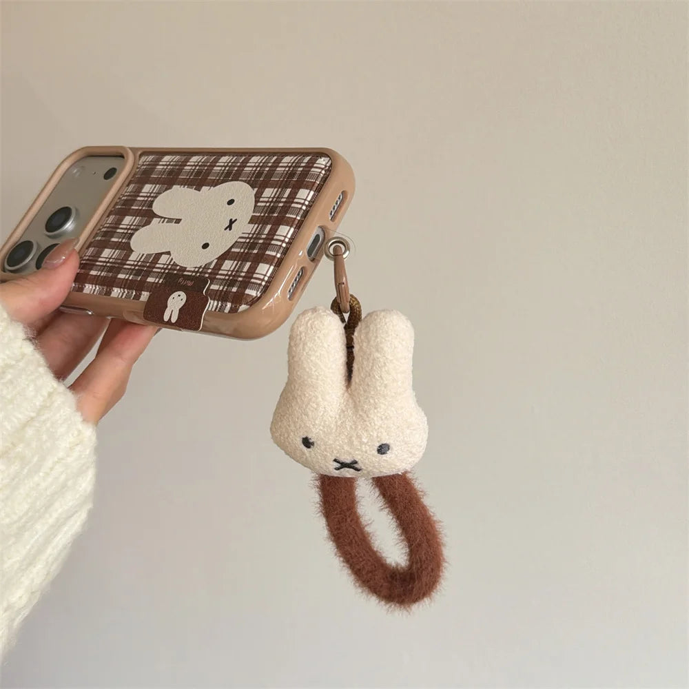 Brown Plaid Bunny Plush Charm Case - sky-case