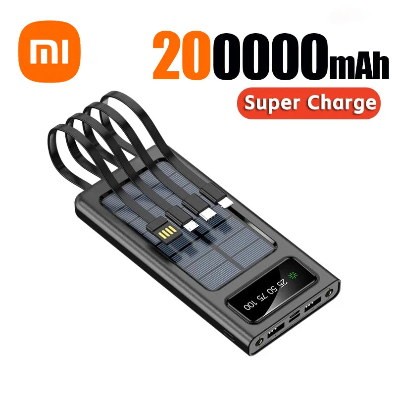 Xiaomi Solar Power Bank 200000mAh Built-in Cables Solar Charger 2 External USB Ports with LED Light Ultra Fast Charger Powerbank Black 200000mAh - sky-case