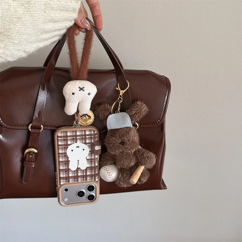 Brown Plaid Bunny Plush Charm Case - sky-case