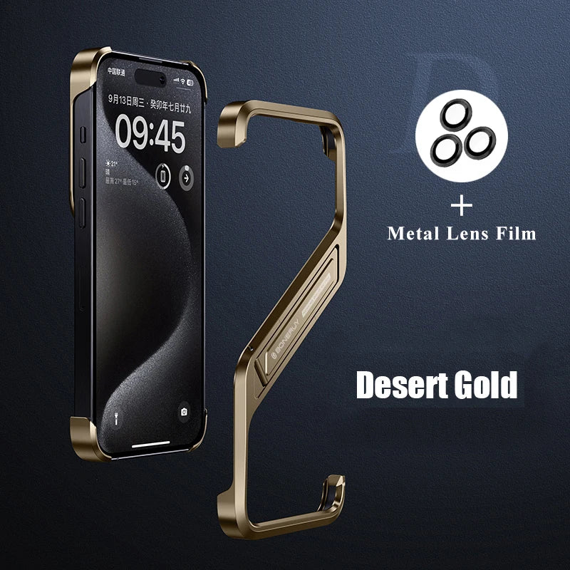 Luxury Metal Geometric Rimless Aluminum Phone Cover Desert Gold 1 / Case & Holder / For iPhone 16 - sky-case