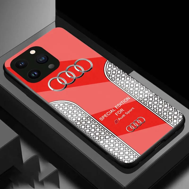 Luxury Audi Sports Car Pattern Phone Case Glass Hard Shell for iPhone 15 14 13 12 11 Pro Max 12 Mini Protection Back Cover Red / for iPhone 15Pro Max - sky-case