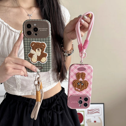 Checkered Embroidery Small Dog & Bear Case - sky-case