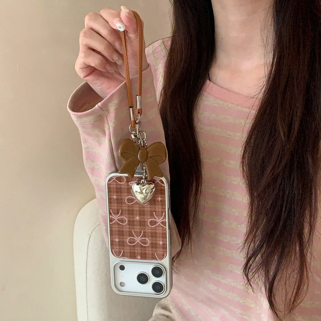 Brown Grid Glitter Bowknot Lanyard Case - sky-case
