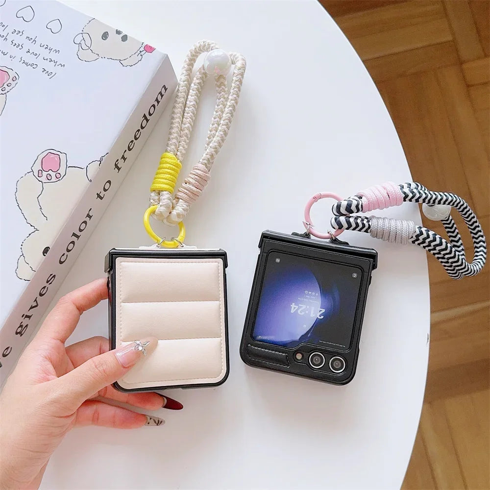 Hard PU Leather Hinge Protective Case Cover with Wrist Strap for Samsung Galaxy Z Flip 7 6 5 4 3 5G - sky-case