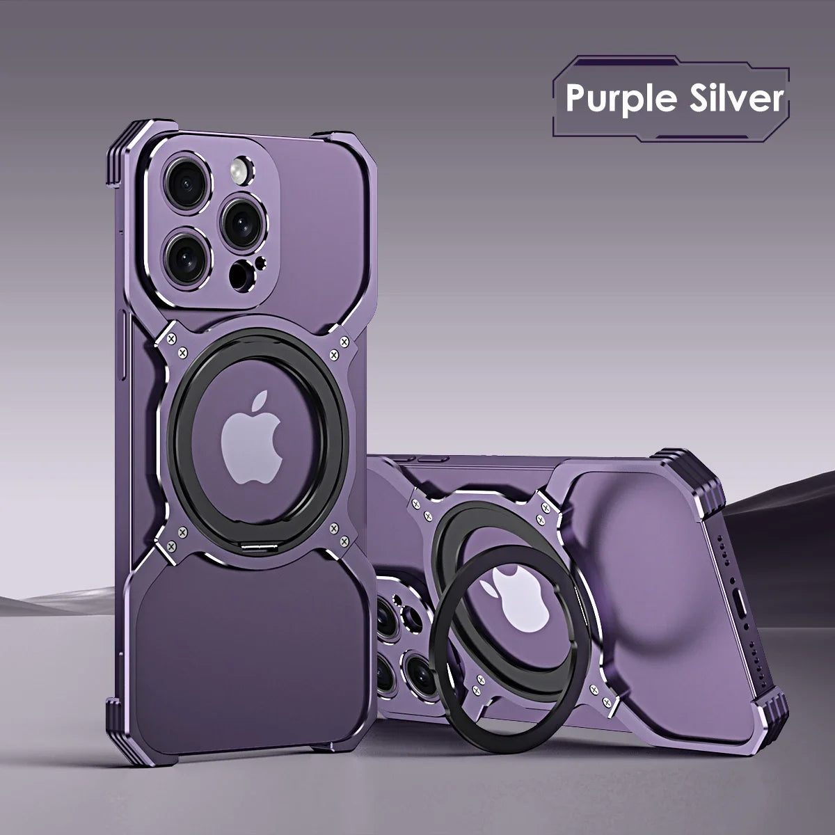 Luxury Metal case Full Alloy 360° Bracket Magnetic Magsafe Bracket Cover Purple Silver / Case & Holder / For iPhone 15 Pro Max - sky-case