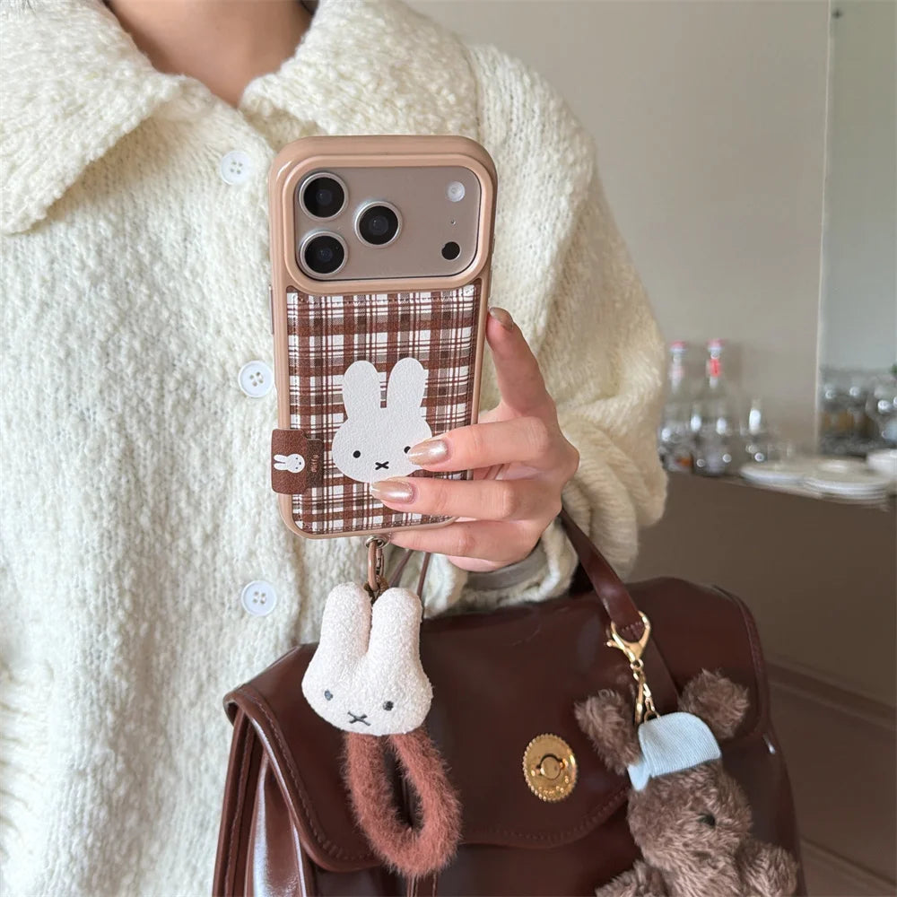 Brown Plaid Bunny Plush Charm Case - sky-case