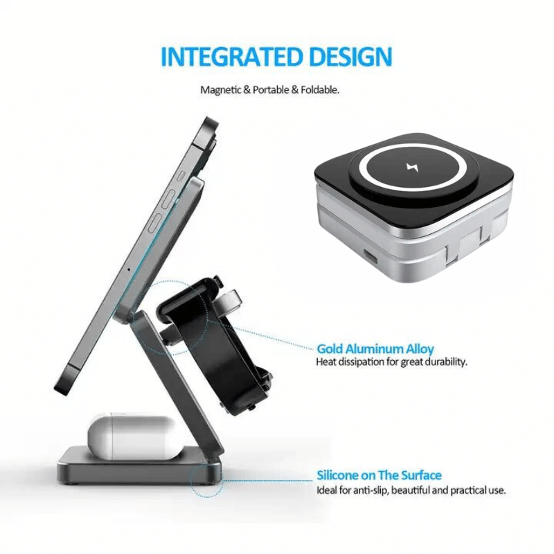 Aluminum Alloy 3-in-1 magnetic foldable wireless charger for all iPhones, all AirPods, Apple Watches - sky-case
