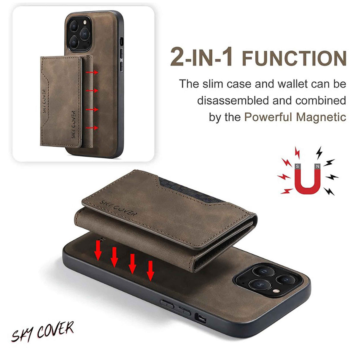 2 in 1 Luxury Leather Wallet Cover Detachable Case with Card Holder compatible with wireless charging MagSafe - sky-case