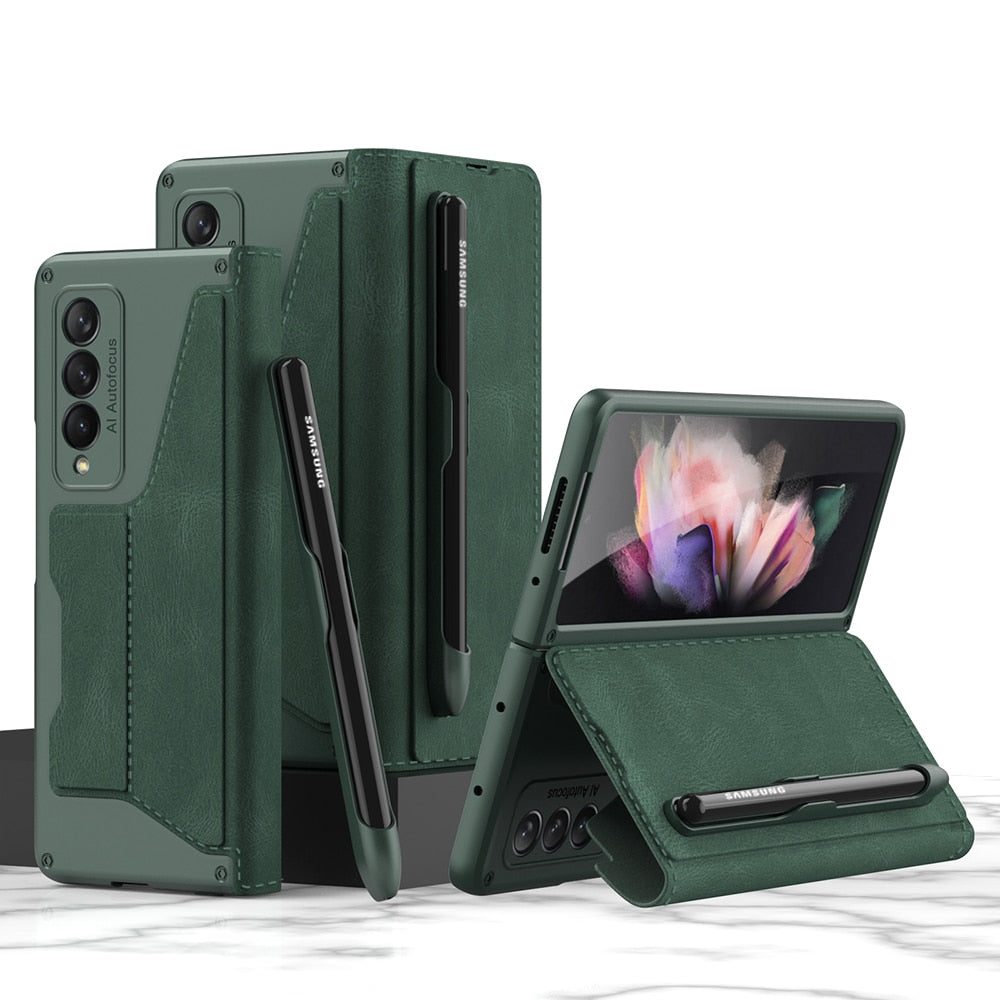 Card Slot Flip Wallet Leather Case for Samsung Galaxy Z Fold 3 4 5G Case with Removable Pen Slot Holder Cover Green / for Samsung Z Fold2 5G - sky-case
