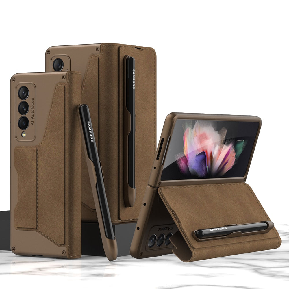 Card Slot Flip Wallet Leather Case for Samsung Galaxy Z Fold 3 4 5G Case with Removable Pen Slot Holder Cover Auburn / for Samsung Z Fold2 5G - sky-case