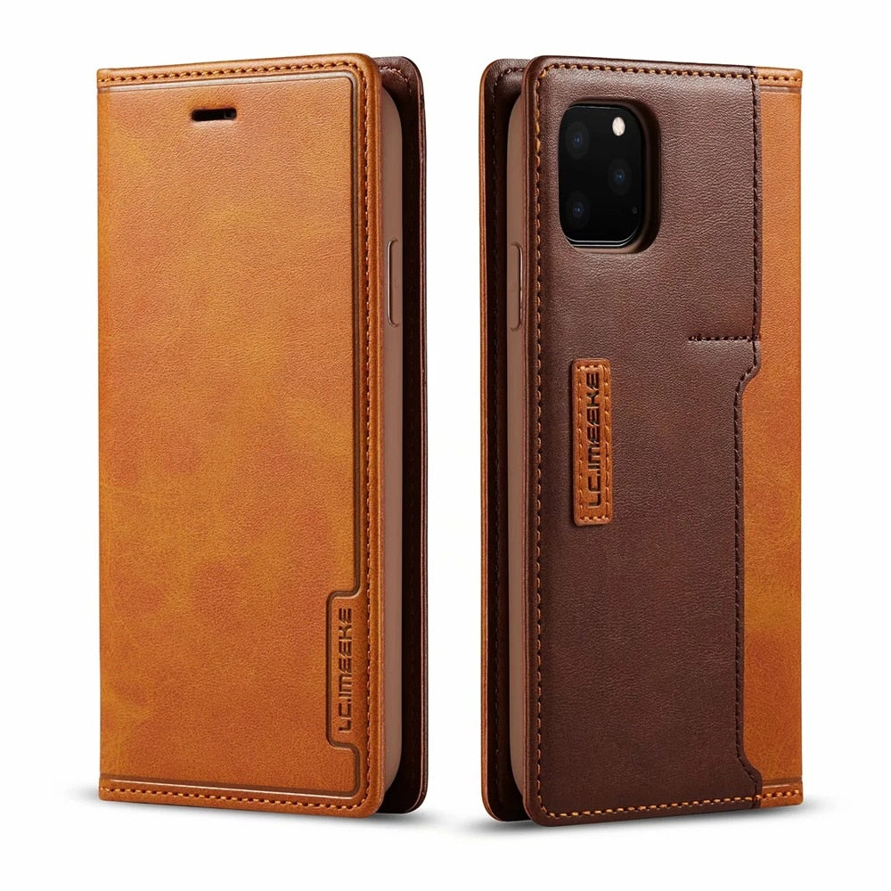 iPhone 14 13 12 11 Pro Max Leather Case Cover with Micro Magnetic Sim Card Slots Brown / For iPhone X - sky-case