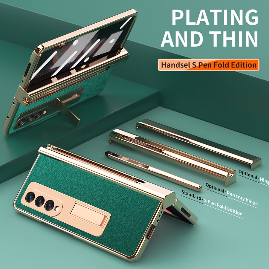Luxury Electroplated PU Leather Holder Case For Samsung Galaxy Z Fold 3 W22 5G Cover With S Pen Slot Full Protection Hinges Capa Green / For SAM Z Fold 3 5G - sky-case