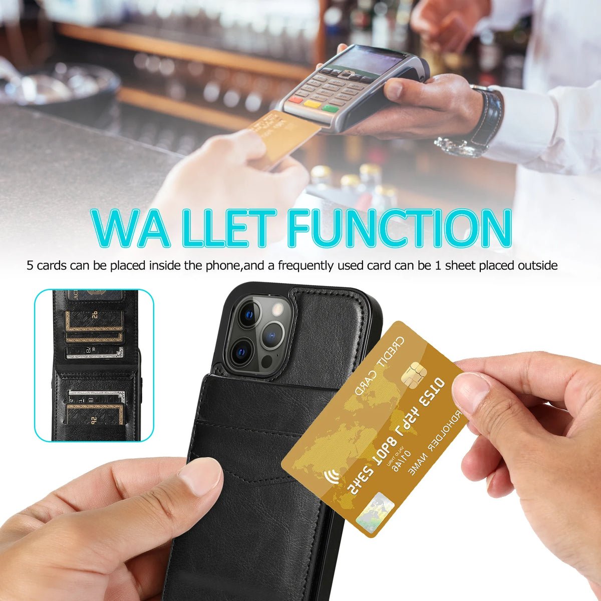 iPhone 15 Pro Case Leather Phone Case for iPhone 15, 14, 13, 12, 11 Pro Max - Card Slot, Cover Stand, Shockproof Cover - sky-case