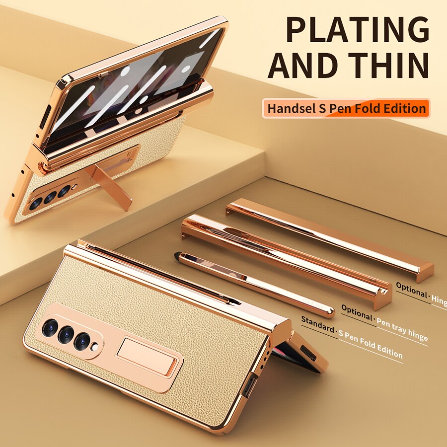Luxury Electroplated PU Leather Holder Case For Samsung Galaxy Z Fold 3 W22 5G Cover With S Pen Slot Full Protection Hinges Capa Gold / For SAM Z Fold 3 5G - sky-case